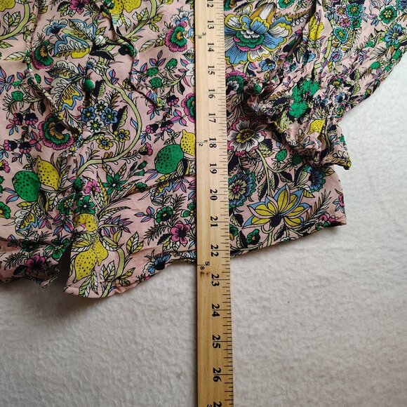 Boden Ruffle Neck Blouse Womens US 12 Pink Floral Lemon Lime Print - Picture 14 of 14